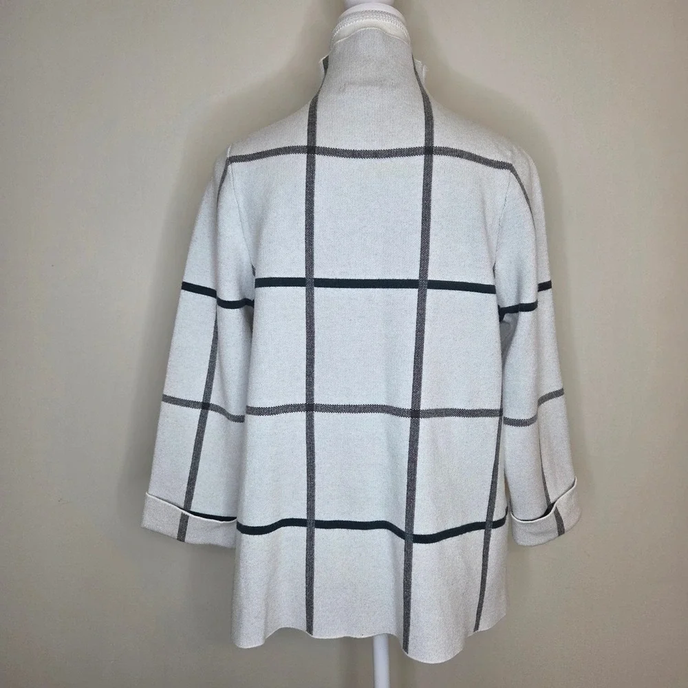 Tahari‎ Womens XL Gray Black Windowpane Plaid Mock Neck 3/4 Sleeve Knit Sweater
